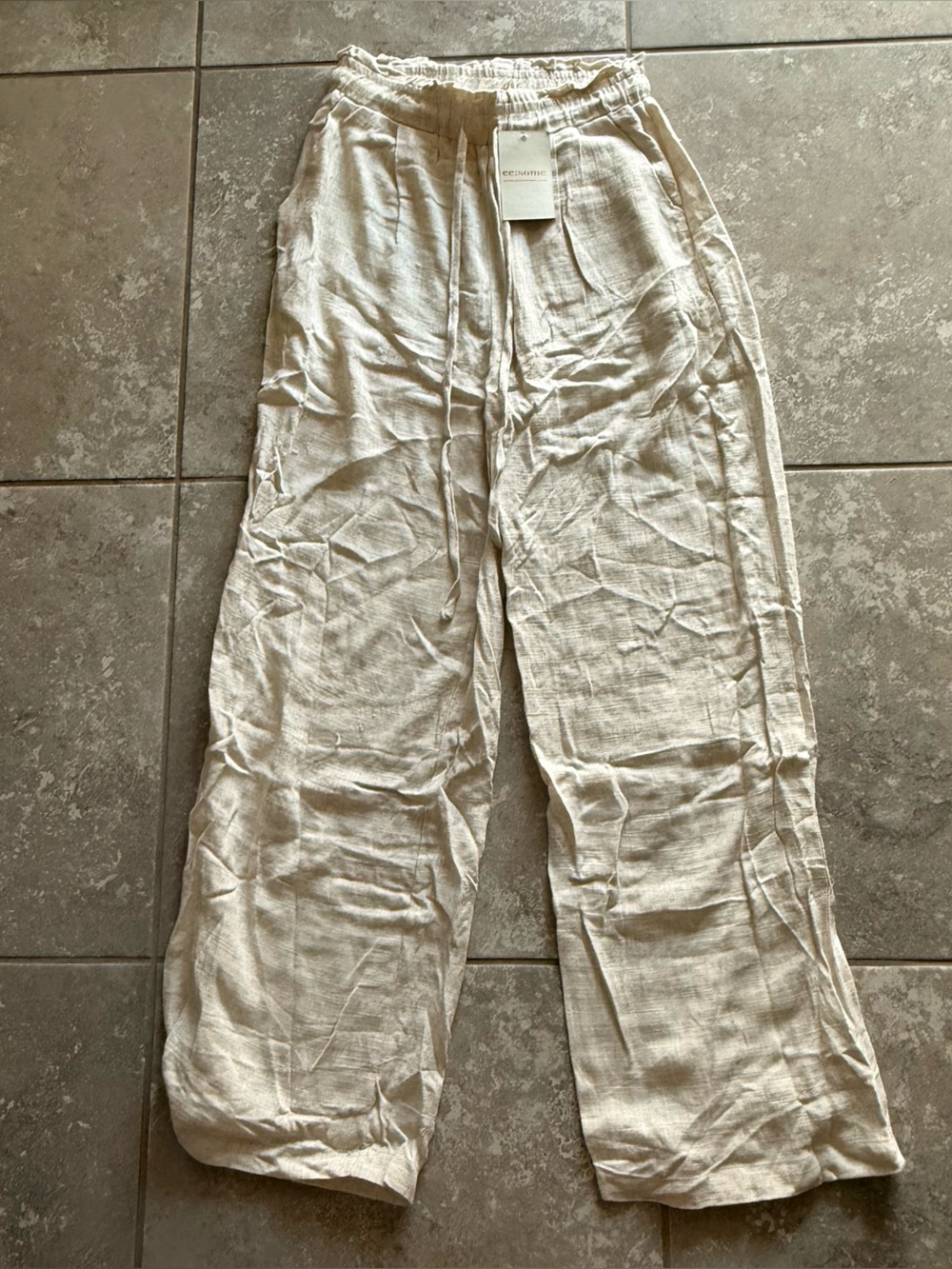 NanaMacs Light Cream Linen-Blend Wide Leg Drawstring Pants